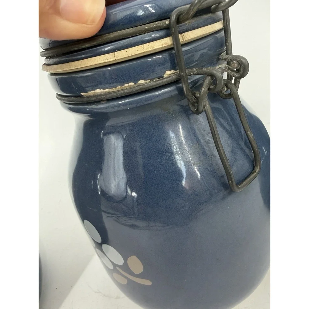 Vintage Stoneware Canister Set 3 Navy Blue Folk Art Bird Heart Clamp Lid